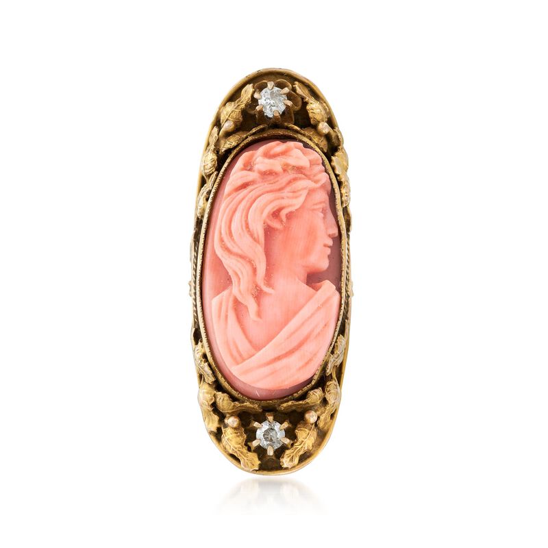 C. 1980 Vintage Carved Pink Coral Angel Cameo Ring With .30 ct. t.w. Diamonds in 14kt Gold image number 0