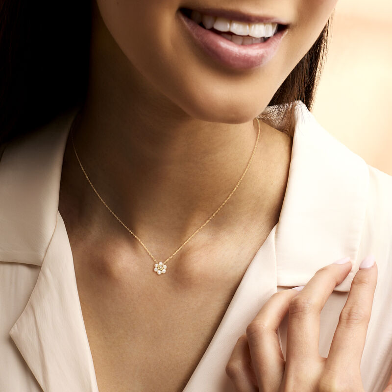 3-3.5mm Cultured Pearl Flower Necklace in 14kt Yellow Gold. 16&quot; image number 0