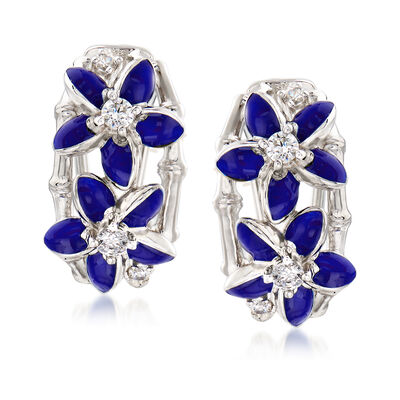 Belle Etoile "Leilani" Blue Enamel and .34 ct. t.w. CZ Flower Hoop Earrings in Sterling Silver