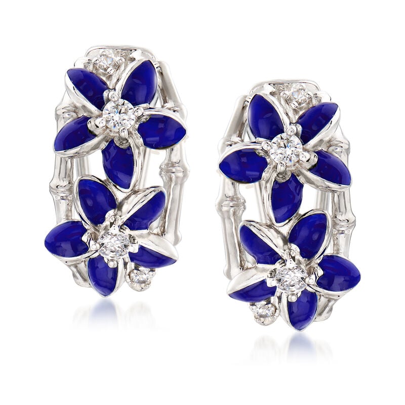 Belle Etoile &quot;Leilani&quot; Blue Enamel and .34 ct. t.w. CZ Flower Hoop Earrings in Sterling Silver. 3/4&quot; image number 0