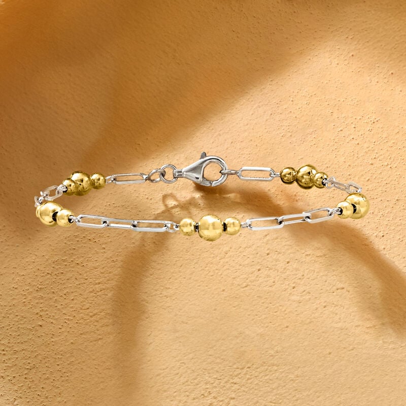 Sterling Silver and 18kt Gold Over Sterling Alternating Paper Clip Link and Bead Station Bracelet image number 2