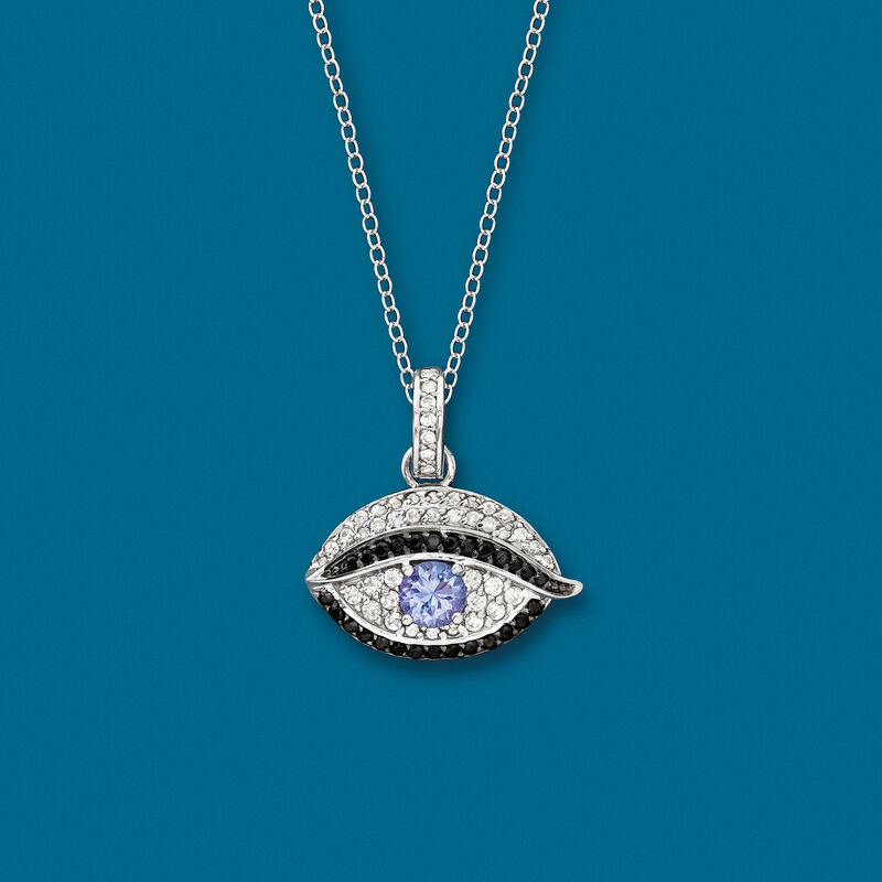 .40 Carat Tanzanite and .40 ct. t.w. White Zircon Evil Eye Pendant Necklace with Black Spinels in Sterling Silver image number 2