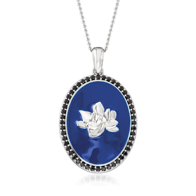 .20 ct. t.w. Black Spinel and Blue Enamel Floral Pendant Necklace in Sterling Silver. 18&quot; image number 1