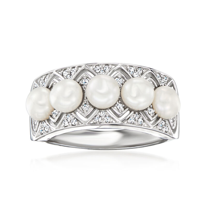 4.5-5mm Cultured Pearl and .11 ct. t.w. Diamond Ring in Sterling Silver image number 0
