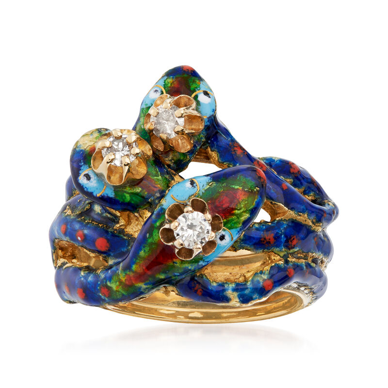 C. 1970 Vintage .25 ct. t.w. Diamond Snake Ring with Blue and Red Enamel in 14kt Yellow Gold image number 0