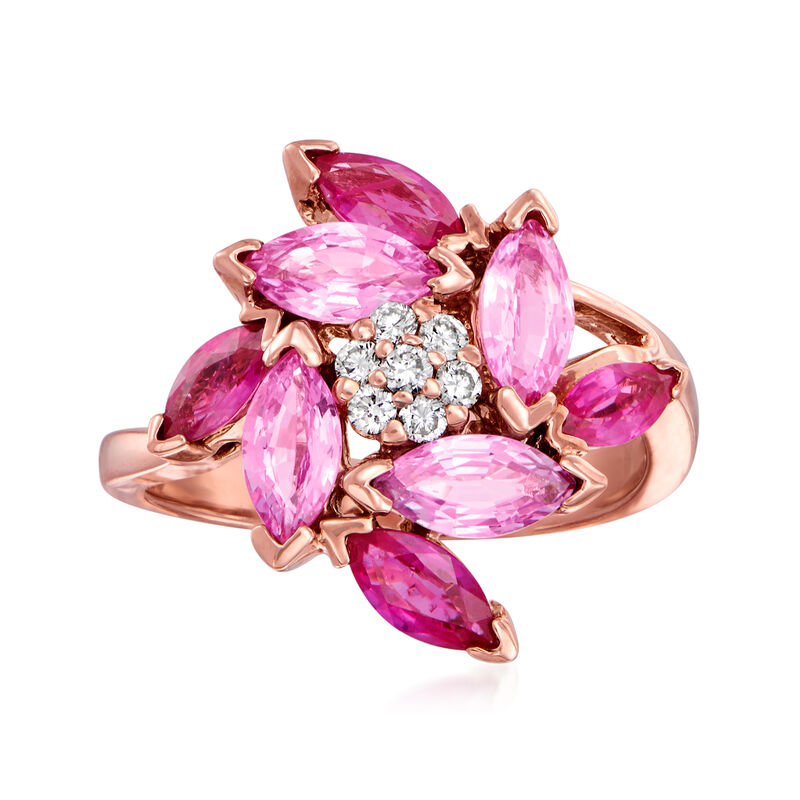 2.00 ct. t.w. Pink Sapphire and 1.60 ct. t.w. Ruby Flower Ring with .14 ct. t.w. Diamonds in 14kt Rose Gold image number 0