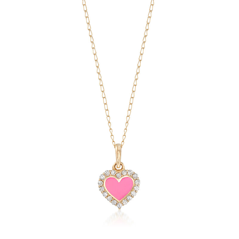 Child's Pink Enamel Heart Pendant Necklace with CZ Accents in 14kt Yellow Gold. 15&quot; image number 0
