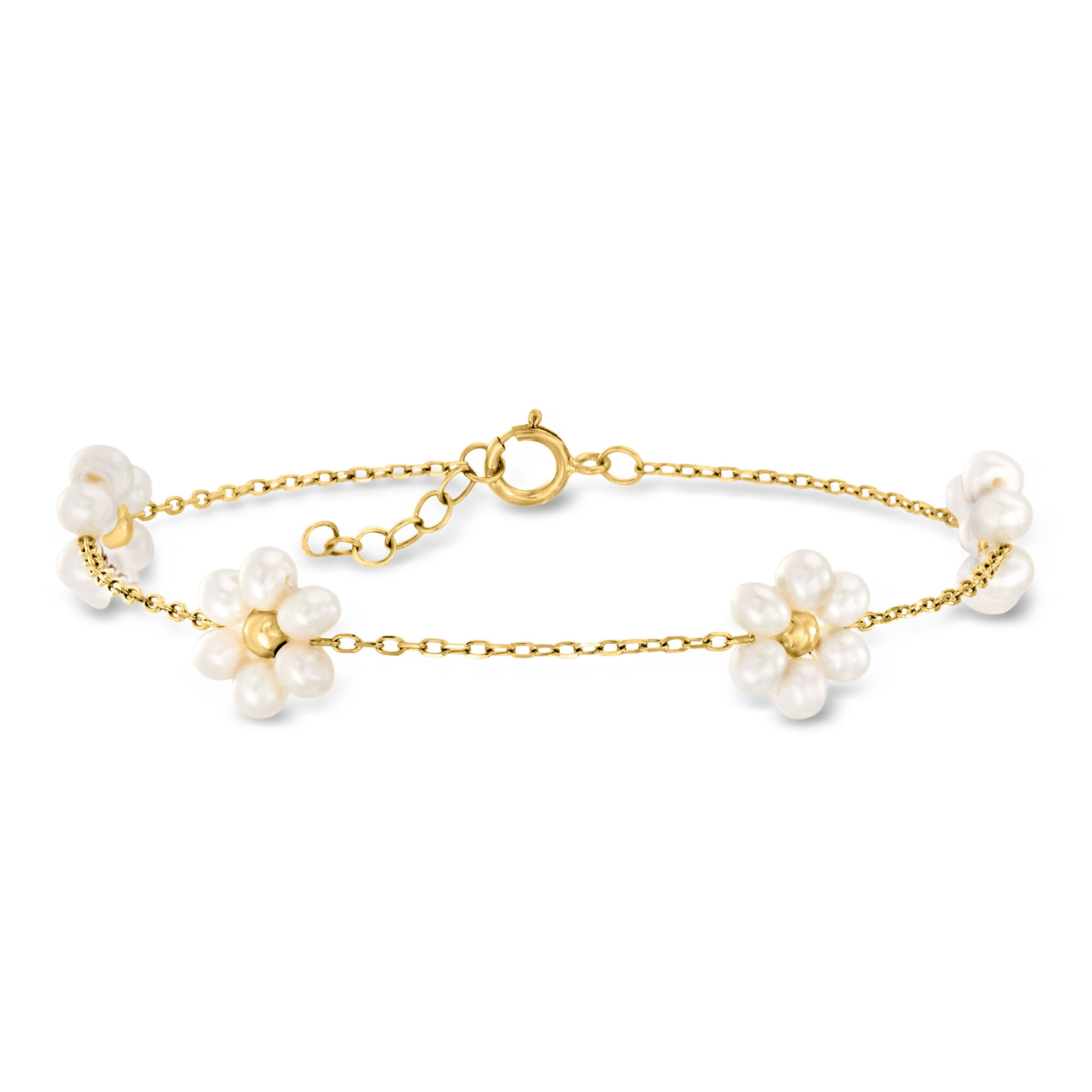 3-3.5mm Cultured Pearl Flower Station Bracelet in 14kt Yellow Gold