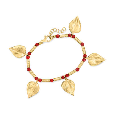 Red Carnelian Bead Leaf Bracelet in 18kt Gold Over Sterling