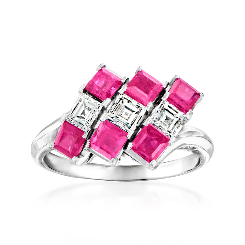 C. 1970 Vintage 1.68 ct. t.w. Ruby and .53 ct. t.w. Diamond Geometric Ring in Platinum. Size 5.75 image number 0