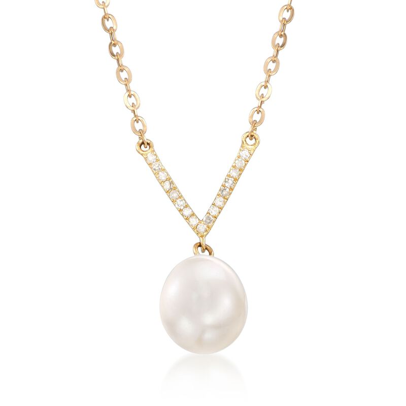 8-8.5mm Cultured Pearl V-Necklace with Diamond Accents in 18kt Yellow Gold. 18&quot; image number 1