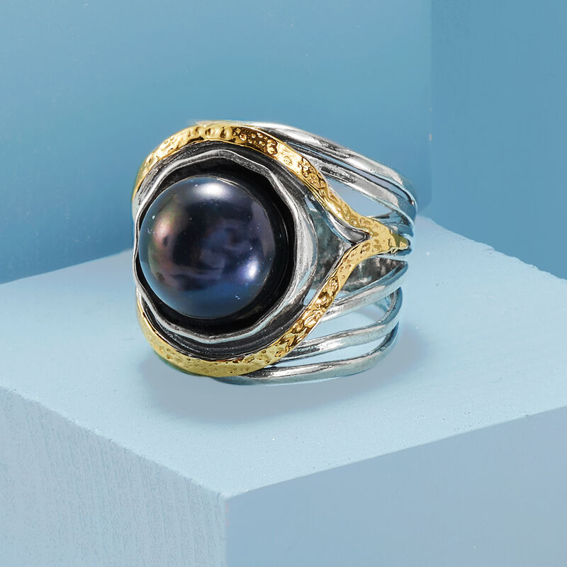 11.5-12mm Black Cultured Pearl Openwork Ring in Sterling Silver and 14kt Yellow Gold image number 3