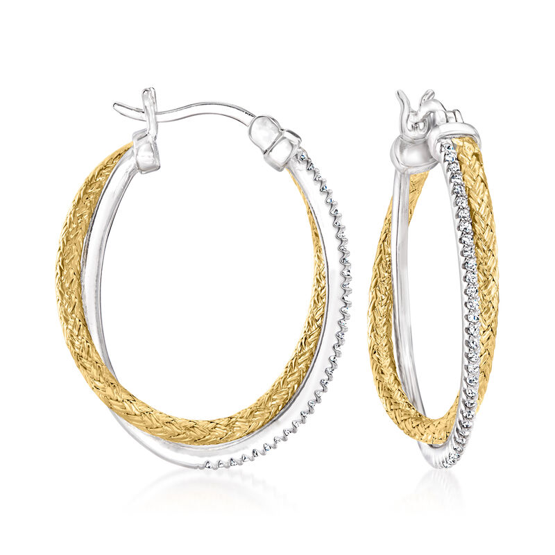 Charles Garnier .32 ct. t.w. CZ Crisscross Mesh Hoop Earrings in Two-Tone Sterling Silver. 1 1/4&quot;  image number 0