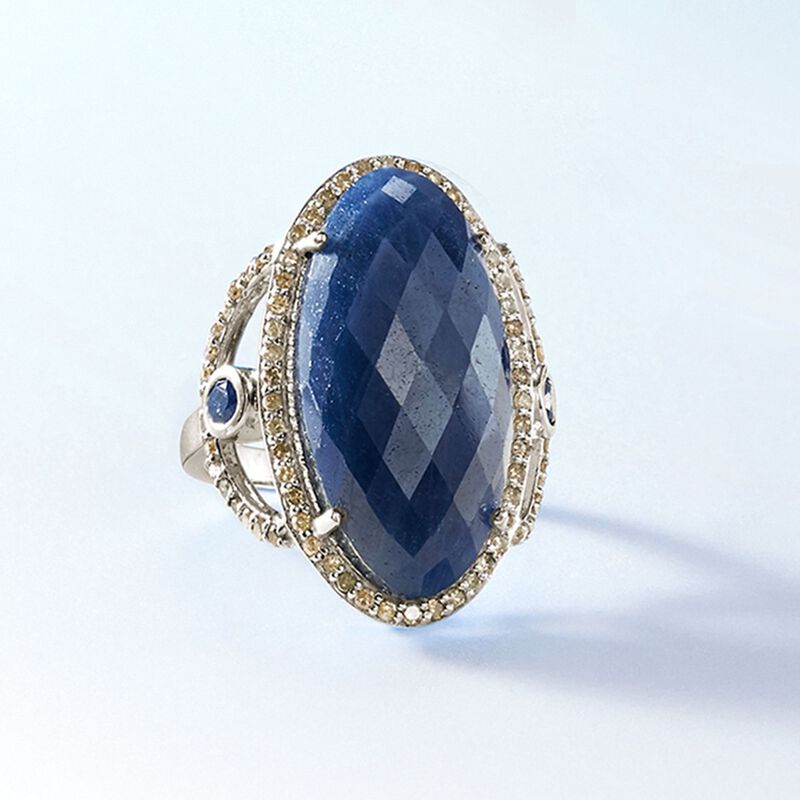 16.10 ct. t.w. Sapphire and .70 ct. t.w. Champagne Diamond Ring in Sterling Silver image number 4