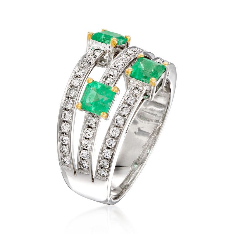 C. 1990 Vintage .96 ct. t.w. Emerald and .57 ct. t.w. Diamond Three-Row Ring in 18kt White Gold. Size 7