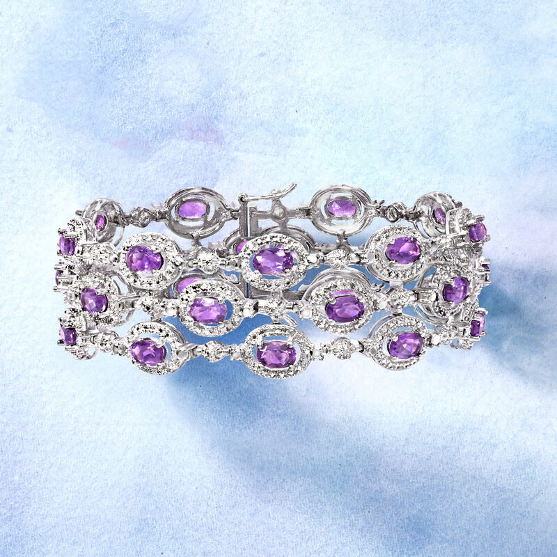 9.00 ct. t.w. Amethyst Three-Row Bracelet with Single Diamond in Sterling Silver image number 3