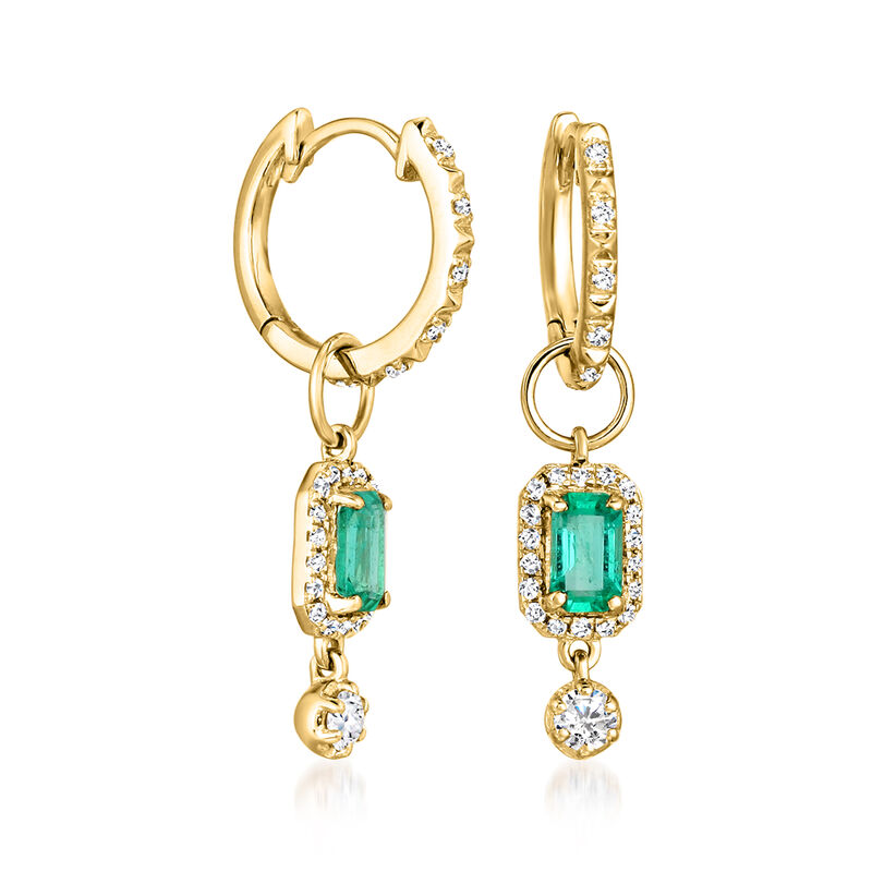 .60 ct. t.w. Emerald and .30 ct. t.w. Diamond Hoop Drop Earrings in 14kt Yellow Gold  image number 0