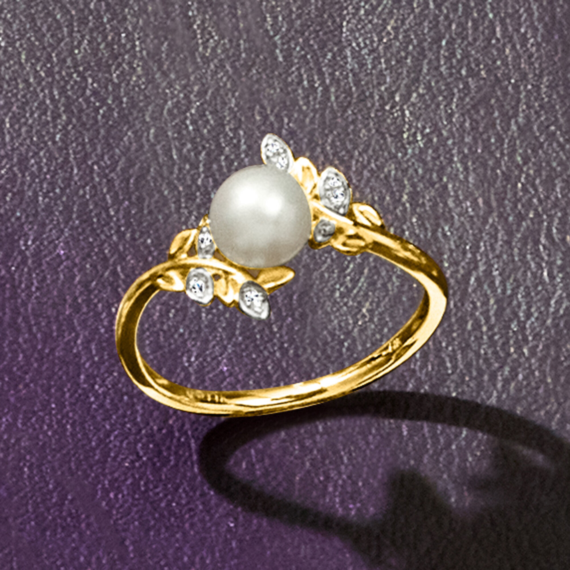 6-6.5mm Cultured Pearl Leaf Ring with Diamonds in 14kt Yellow Gold
