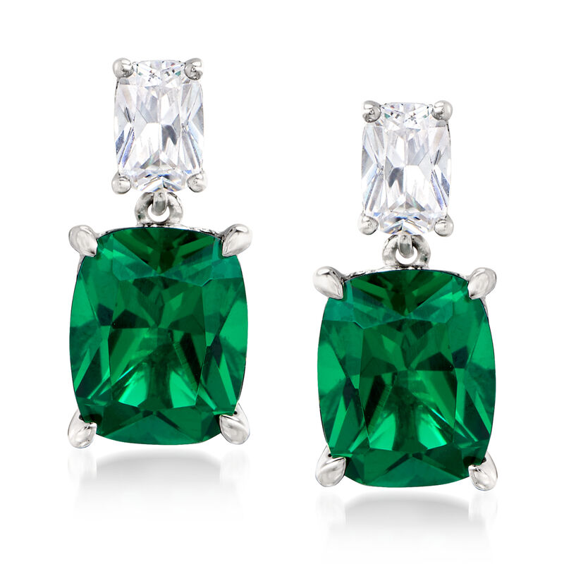 8.50 ct. t.w. Simulated Emerald and 1.10 ct. t.w. CZ Drop Earrings in Sterling Silver image number 0
