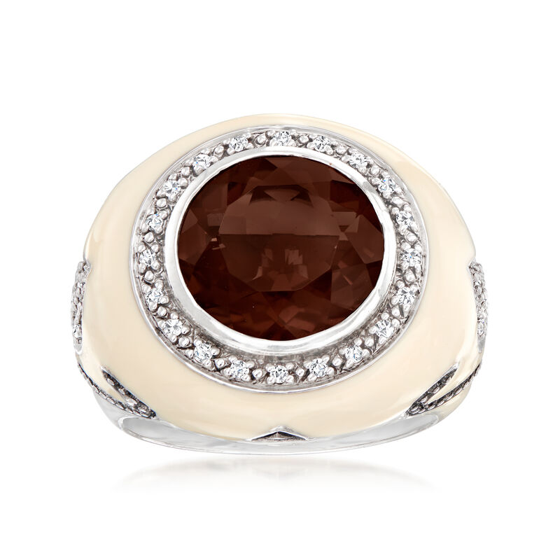 C. 1990 Vintage Effy 4.25 Carat Smoky Quartz Ring with .20 ct. t.w. Diamonds and White Enamel in Sterling Silver image number 0