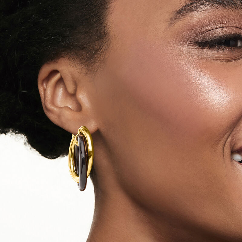 Andiamo 14kt Yellow Gold Over Resin and Black Onyx Hoop Earrings. 1 1/2&quot; image number 1