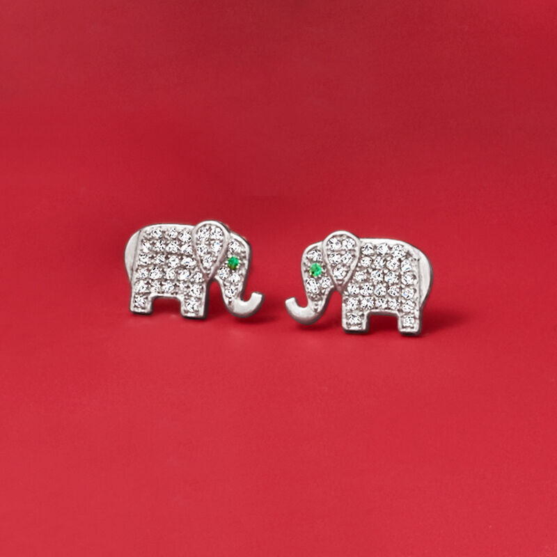 .20 ct. t.w. Diamond Elephant Earrings with Emeralds in Sterling Silver image number 2