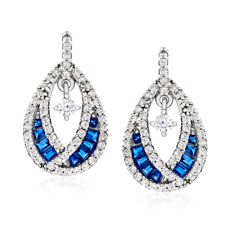 .60 ct. t.w. CZ and .30 ct. t.w. Simulated Sapphire Teardrop Earrings in Sterling Silver image number 0