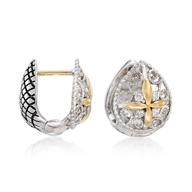 Andrea Candela Sterling Silver and 18kt Yellow Gold Pear Huggie Hoop Earrings with Diamond Accents. 3/8&quot; image number 0