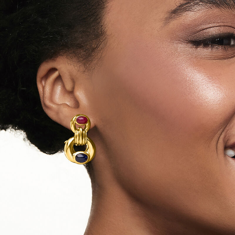 C. 1980 Vintage 1.20 ct. t.w. Sapphire and 1.00 ct. t.w. Ruby Doorknocker Earrings in 18kt Yellow Gold  image number 1