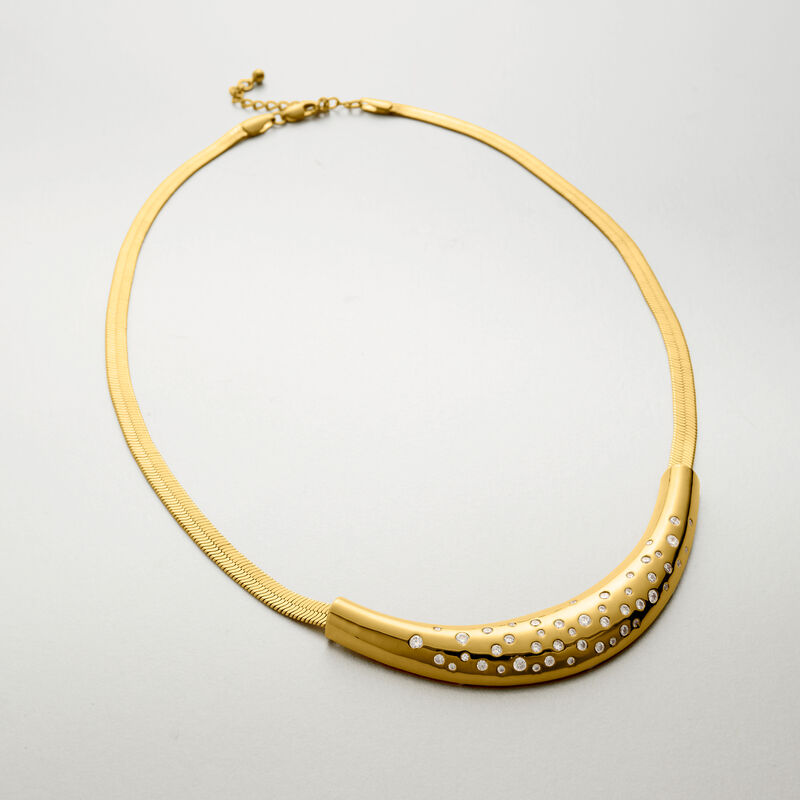 14kt Yellow Gold-Plated Herringbone Necklace with 1.75 ct. t.w. CZs. 18" image number 1
