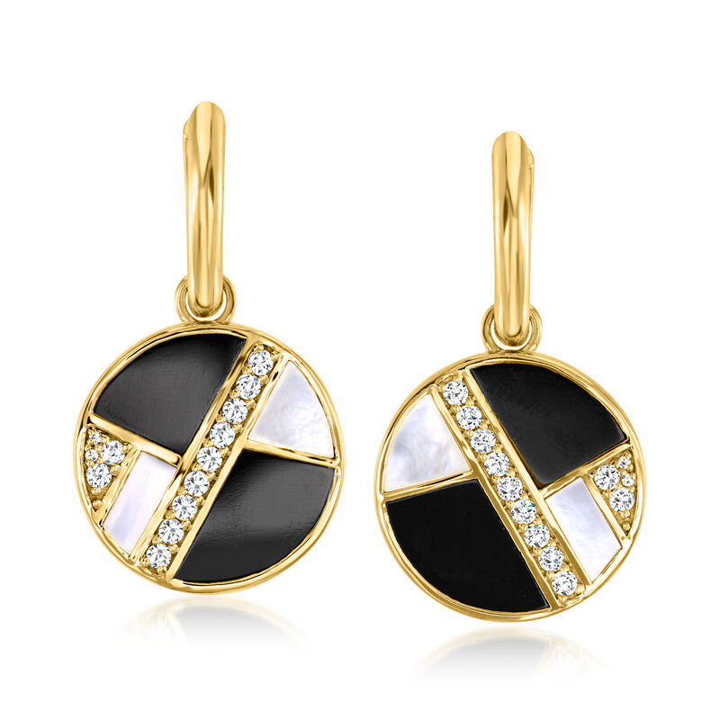 18kt Gold Over Sterling Hoop Earrings with Removable Onyx, Mother-of-Pearl and .90 ct. t.w. White Topaz Drops. 1 1/2" image number 2