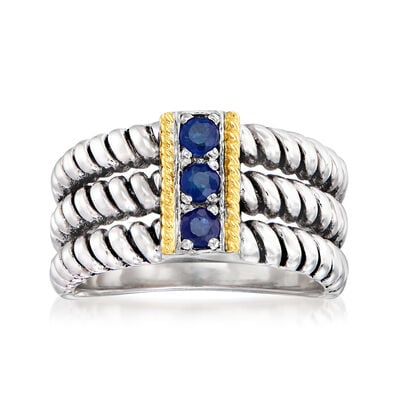 .20 ct. t.w. Sapphire Three-Stone Ring in Sterling Silver with 14kt Yellow Gold .20 ct. t.w. Sapphire Three-Stone Ring in Sterling Silver with 14kt Yellow Gold