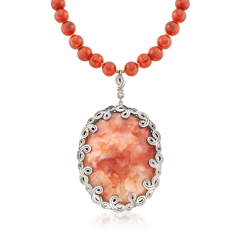 C. 1940 Vintage Red Agate and Carnelian Bead Necklace in Sterling Silver image number 0