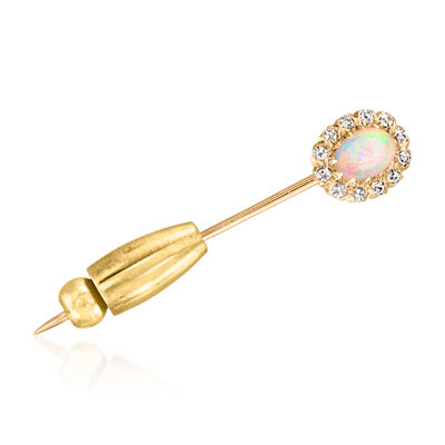 C. 1930 Vintage Opal and .18 ct. t.w. Diamond Stick Pin in 14kt Yellow Gold
