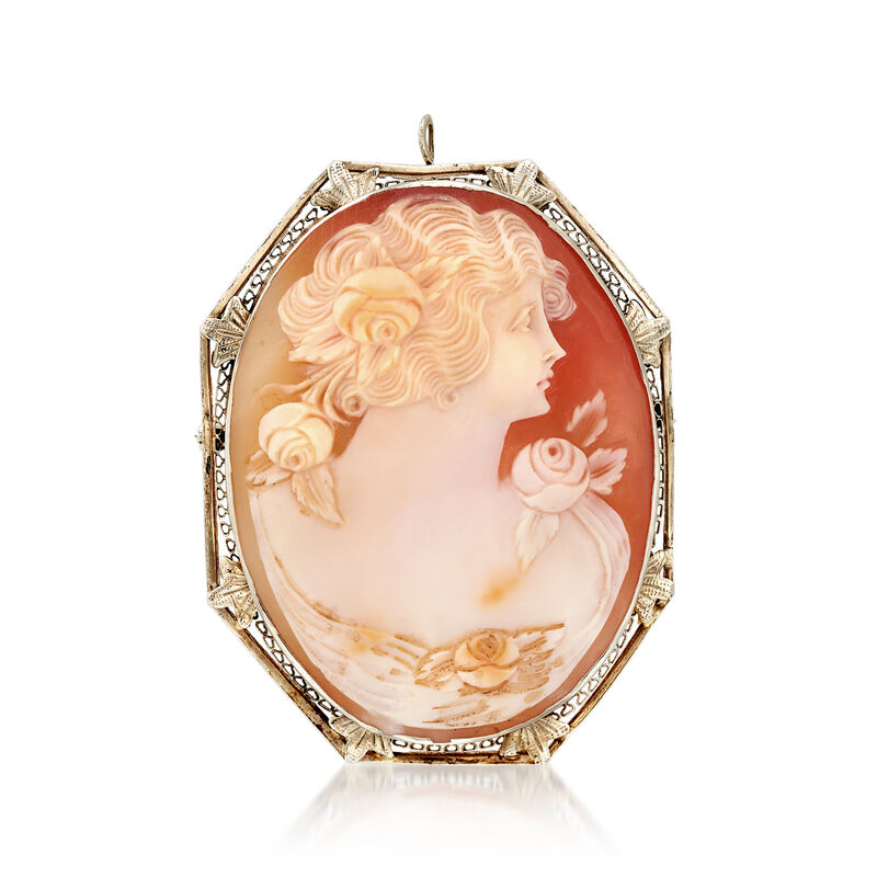 C. 1950 Vintage Pink Shell Cameo Pin/Pendant in 14kt White Gold image number 0