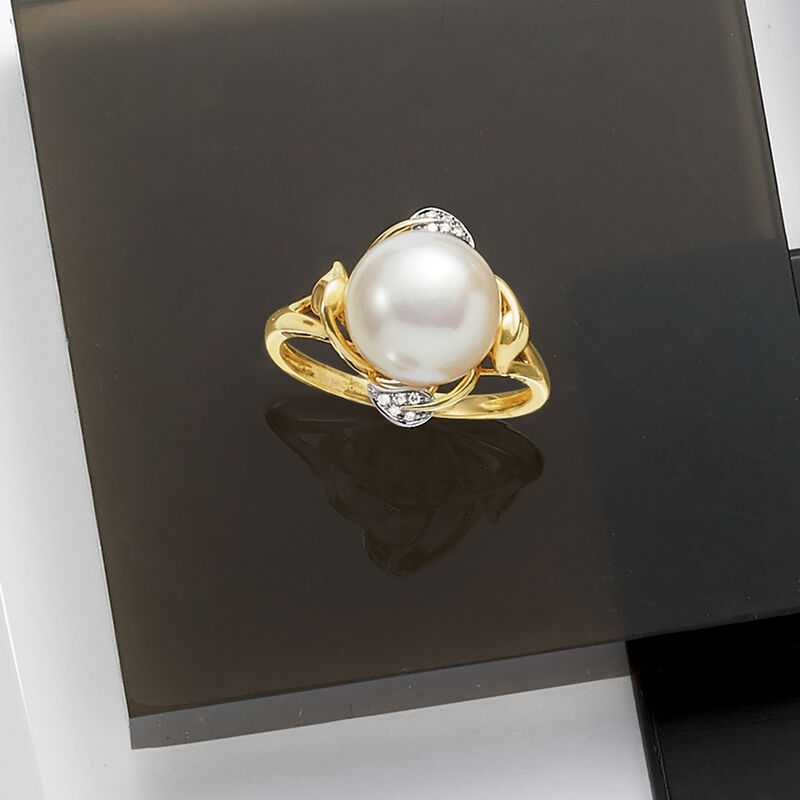 10-10.5mm Cultured Pearl Leaf Ring with Diamonds in 14kt Yellow Gold image number 4