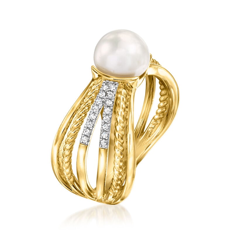 7.5-8mm Cultured Pearl Multi-Row Ring with .11 ct. t.w. Diamonds in 18kt Gold Over Sterling image number 2