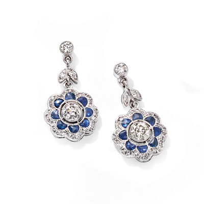 C. 1990 Vintage 1.30 ct. t.w. Sapphire and 1.20 ct. t.w. Diamond Floral Drop Earrings in 18kt White Gold