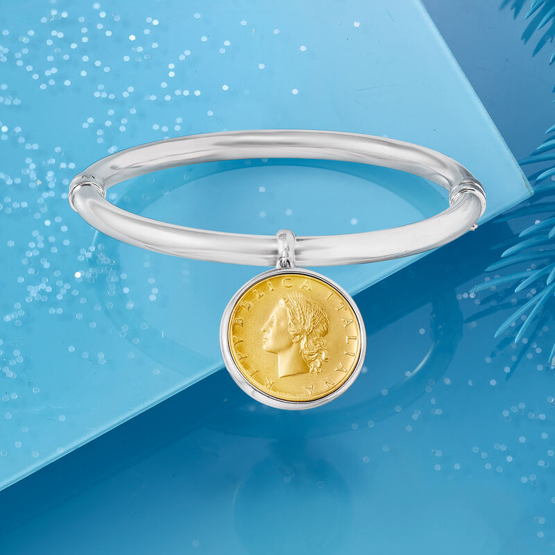 Italian Genuine Lira Coin Charm Bangle Bracelet in Sterling Silver image number 3