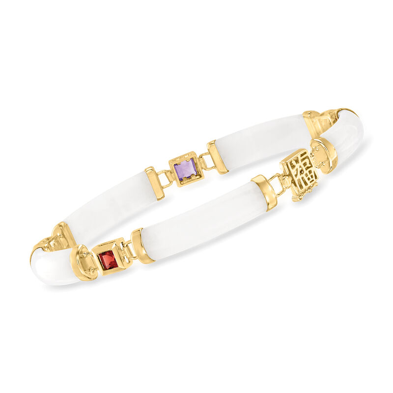 White Jade and 1.40 ct. t.w. Multi-Gemstone &quot;Good Fortune&quot; Bracelet in 18kt Gold Over Sterling image number 0