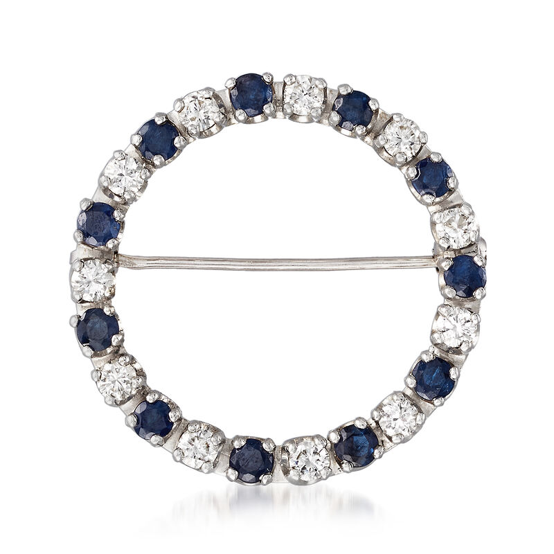 C. 1980 Vintage .65 ct. t.w. Diamond and .90 ct. t.w. Sapphire Open-Circle Pin in 14kt White Gold image number 2