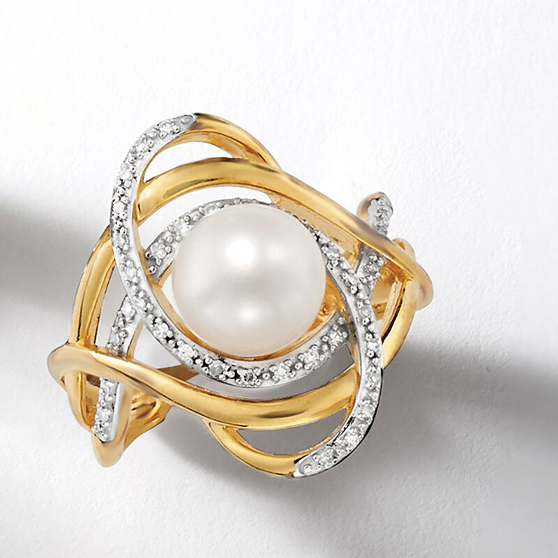 8-8.5mm Cultured Pearl and .10 ct. t.w. Diamond Swirl Ring in 18kt Gold Over Sterling image number 5