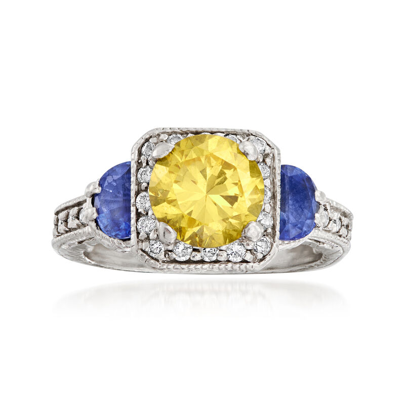 C. 1990 Vintage 2.20 Carat Yellow CZ, .70 ct. t.w. Tanzanite and .40 ct. t.w. Diamond Ring in Platinum. Size 6.75 image number 0
