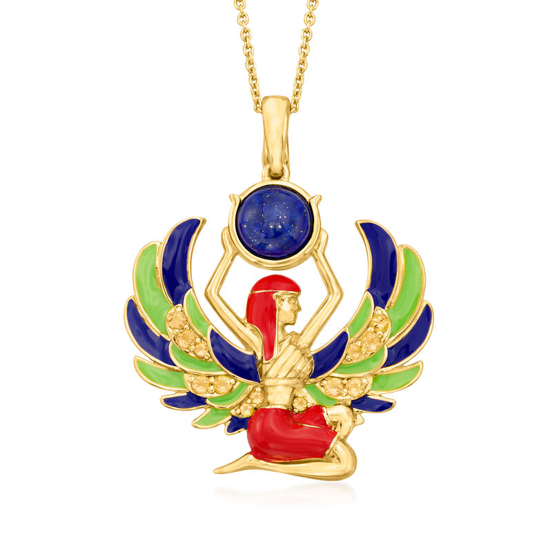 Lapis and .20 ct. t.w. Citrine Egyptian Pendant Necklace with Multicolored Enamel in 18kt Gold Over Sterling image number 0