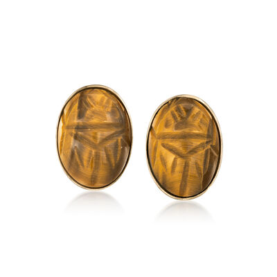 C. 1970 Vintage Tiger Eye Scarab Earrings in 9kt Yellow Gold