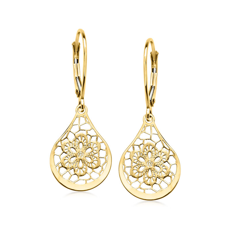 Italian 14kt Yellow Gold Openwork Floral Lace Teardrop Earrings  image number 0