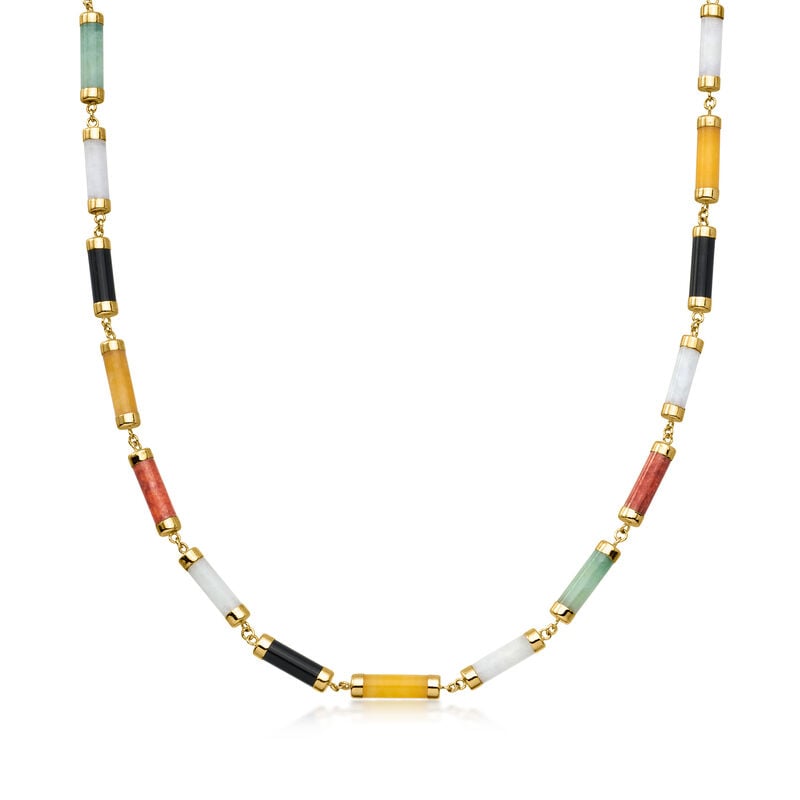 C. 1980 Vintage Multicolored Jade Necklace in 14kt Yellow Gold. 18.5" image number 0