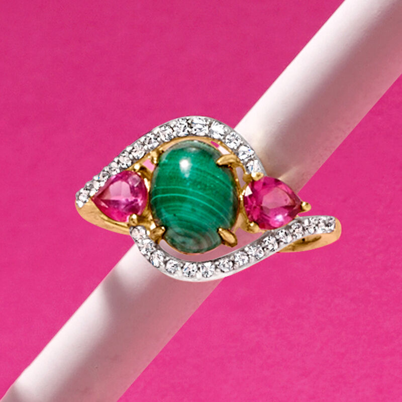 Malachite, and 1.00 ct. t.w. Pink and White Topaz Ring in 18kt Gold Over Sterling image number 3