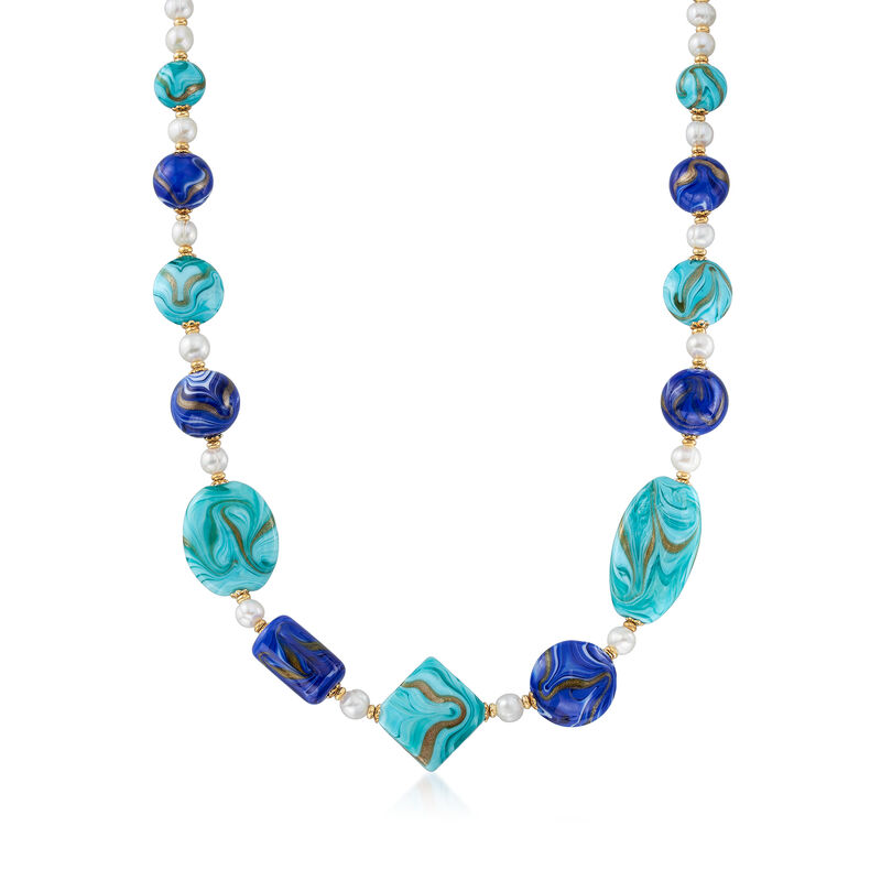 Italian Multicolored Murano Glass Bead and 6-7mm Cultured Pearl Necklace with 18kt Gold Over Sterling image number 0