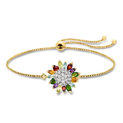 2.50 ct. t.w. Multi-Gemstone Flower Bolo Bracelet in 18kt Gold Over Sterling